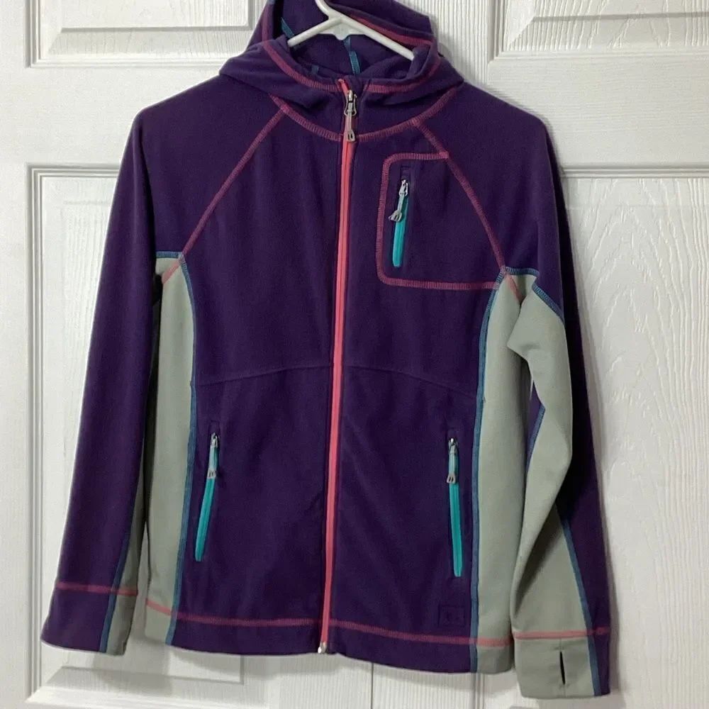 REI Girls Purple Pink Gray Zip Front Fleece Hoodie L 14-16
